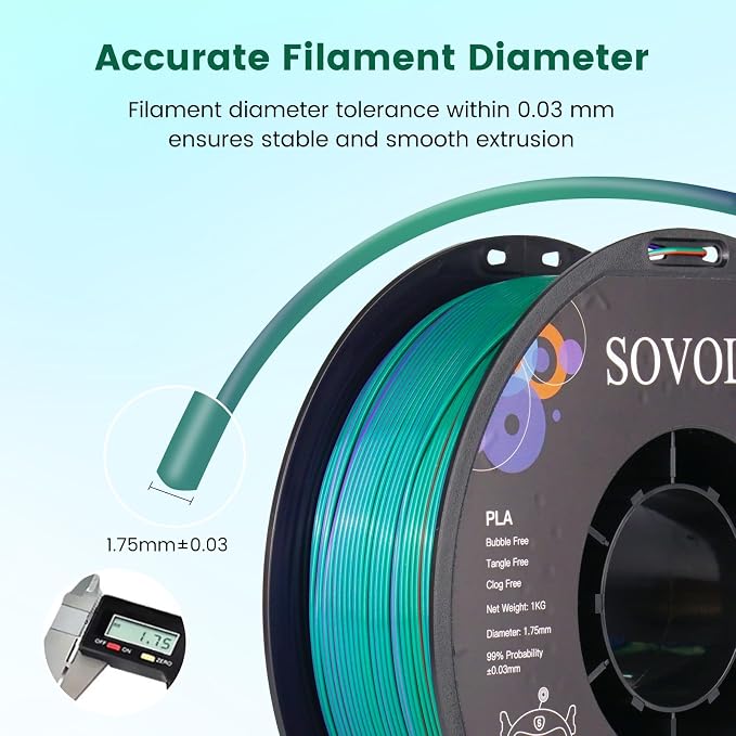 Sovol Silk PLA Filament Tri Color Co-Extrusion 1.75mm, 3D Printer Filament 1kg/ 2.2lbs, Shiny Silk Copper Purple Green 3 in 1 Coextrusion PLA Material +/-0.03mm