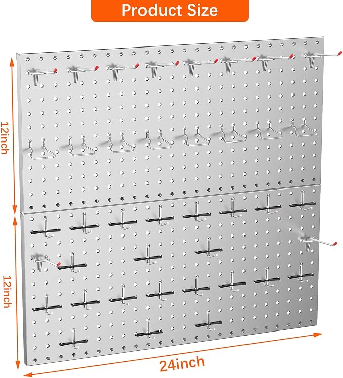 TORACK Metal Pegboard Wall Tool Organizer 24" x 24" or 12" x 48", 70 PCS Tools Storage Pegboard for Garage Peg Board Tool Organizer Board with Hooks for Workbench(Grey)