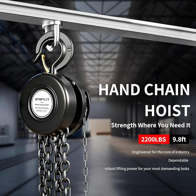1 Ton Manual Chain Hoist, 10ft Lift Height, 2200 Lbs Capacity with Heavy Duty Hooks, Black Hand Chain Block for Warehouse, Garage, Workshop
