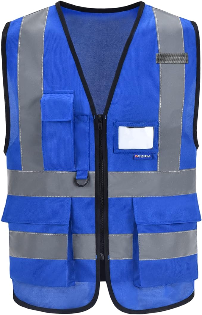 A-SAFETY Reflective Safety Vest with Mic Tabs, Black Front Zipper, Blue, L | Blue L safety vest with reinforced pockets, clear ID holder and mic tabs for electrical work and equipment maintenance.