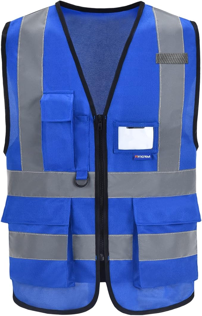 A-SAFETY Hi-Vis Safety Vest with Reinforced Stress Points, Zipper, Blue, M | Blue M safety vest with transparent ID pocket, radio mic loop and reflective strips for data centers; for men and women.