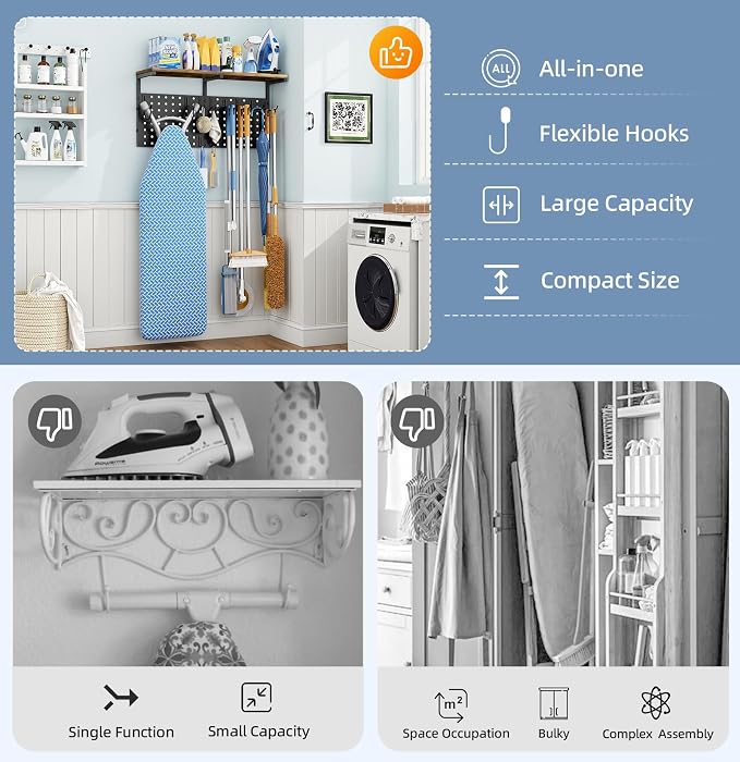 VINAEMO Wall Mounted Ironing Board Hanger with Pegboard and Yoga Mat Holder