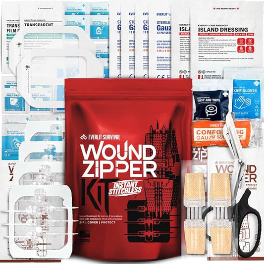 EVERLIT Wound Closure Kit | Surgical Zip-Stitch Devices for Cut & Laceration | Sterile, Suture-Free, Stitch-Less Adhesive Butterfly Bandages for Emergency First Aid Wound Care (6 Zip Complete Kit)