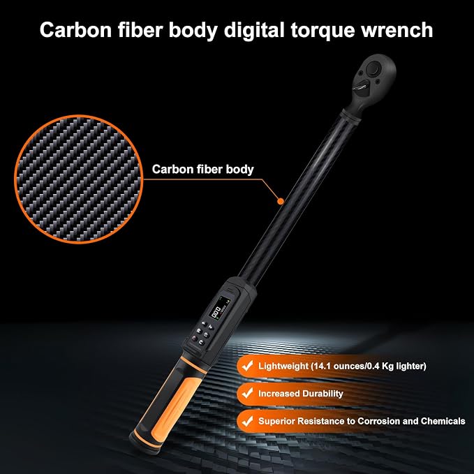Uharbour Digital Torque Wrench 1/2 Drive with Carbon Fiber Body, 2.2-147.5 Ft.lb Range, ±1% Accuracy with Vibration, Buzzer and LED Alert, Suitable for Car, Motorcycle and Bicycle