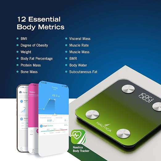 Nautica Body Tracker Digital Bathroom Scale, Bluetooth-Enabled Smart Scale with BMI, Body Fat, Muscle Mass Tracking & More, Syncs with Smartphone App for Body Composition Tracking, 396 Lbs.
