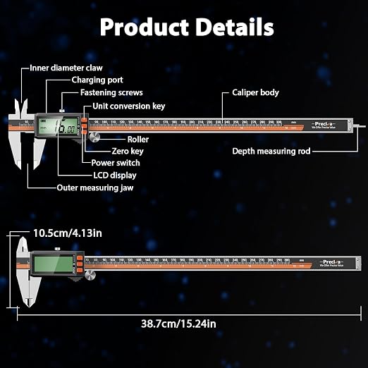 Preciva Digital Caliper 12", Rechargeable Stainless Steel Micrometer | Type-C charging, durable steel body, large LCD with auto-off saves power, in/mm/frac, for 3D-printing machining woodworking