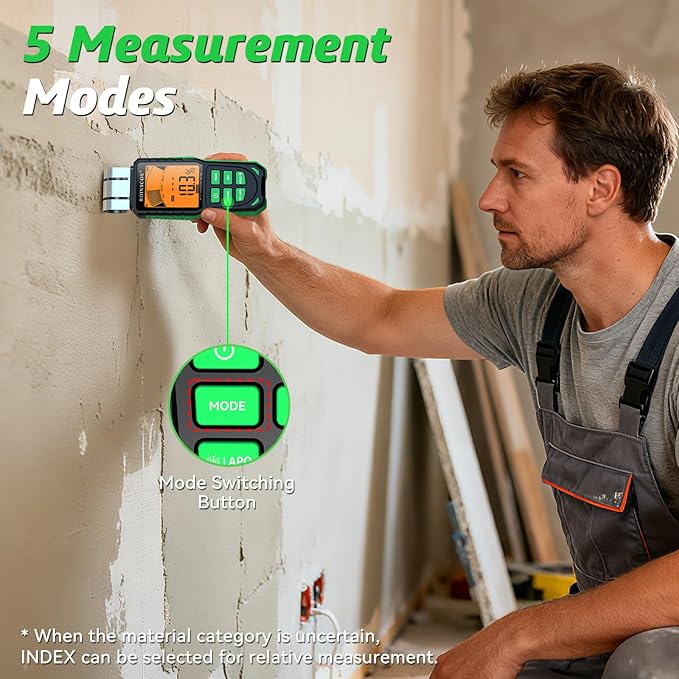 RDINSCOS Pinless Moisture Meter Non-Invasive Digital Moisture Detector | For Wood, Cement, Floors, Drywall, Concrete and Plaster, 40mm Depth, REF Mode, Backlit LCD