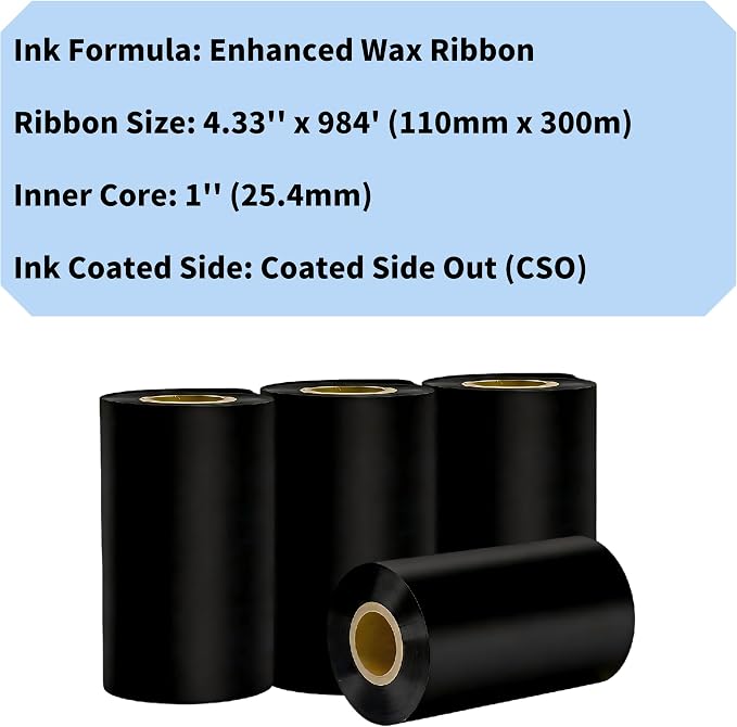 4.33'' x 984' Black Thermal Transfer Ribbons, HUOJI 110mm x 300m Barcode Thermal Label Printer Ribbon, 1'' Core for Zebra, TSC, GoDex, Citizen(10 Rolls)