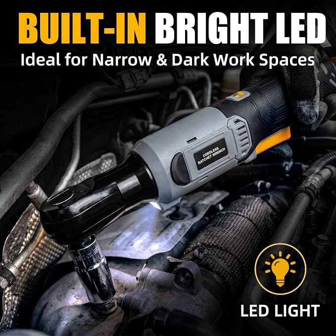 3/8" Cordless Ratchet Wrench Compatible With DEWALT 20V MAX Battery(Tool Only), 89Ft-Lbs(120N.m), Electric Ratchet Wrench Set with Variable Speed, LED Light, 5 Sockets, 3" Extension Bar, 1/2" Adapter