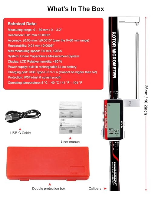 GODESON Brake Rotor Gauge, Rechargeable Digital Caliper 3.25-Inch ±0.03mm Accuracy, Stainless Steel Body, Large LCD Display with Hold, mm/inch/F Units, IP54, Measures Discs Without Removing Wheels