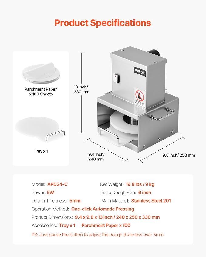VEVOR Electric Pizza Dough Press Machine, 6 Inch Pizza Pastry Press Plate, Stainless Steel Bread Presser, Commercial Forming Machine with Adjustable Thickness and 100 Sheets of Parchment Paper