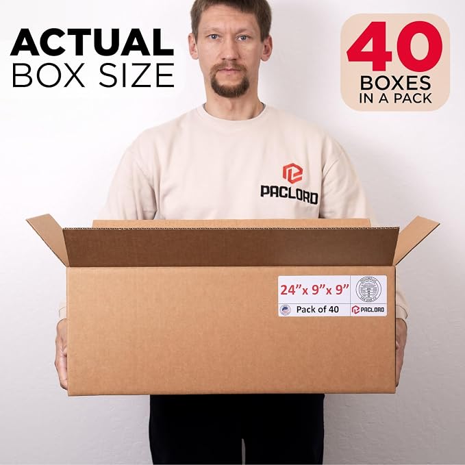 Long Cardboard Boxes 24"L x 9"W x 9"H (Pack of 40) - USA-Made Packing Boxes for Moving, Shipping, or Storage - USPS, UPS, FedEx Approved - Professional Packing Supplies for Moving | USA-Made Packing Boxes for Moving, Shipping, or Storage - USPS, UPS, F...