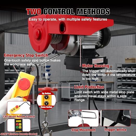 Nilight 440LBS Electric Hoist 110V Electric Hoist Winch with Wireless & Wired Remote Control, Hoist Lift Winch Single/Double Slings 39FT Lifting Height w Emergency Stop for Garage Warehouse Factories