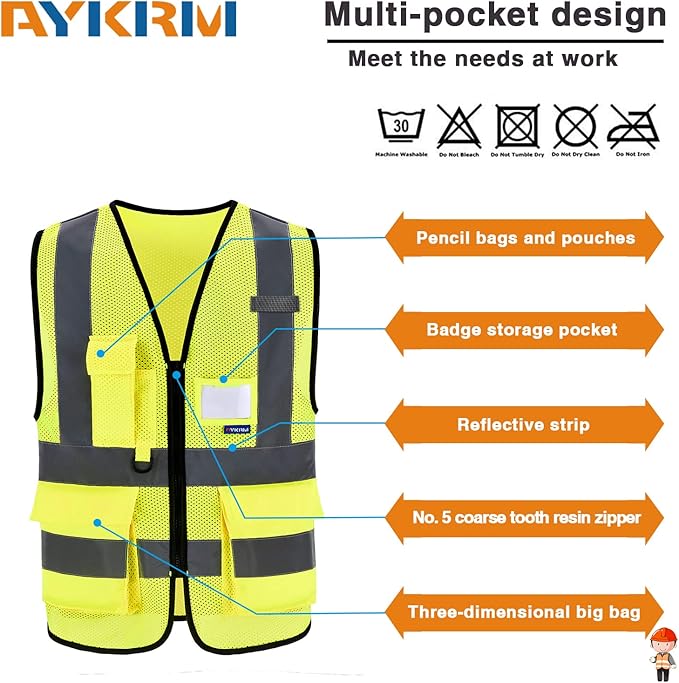 X Small High Visibility Mesh Safety Reflective Vest with Pockets and Zipper | Yellow XS mesh vest with clear ID pocket, radio mic loop and reflective strips for construction and warehouse operations.