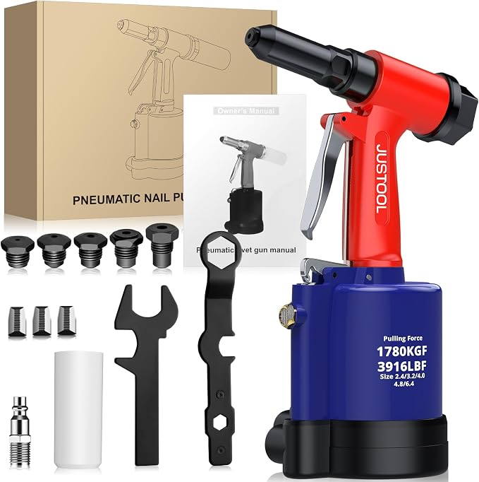 JUSTOOL 3916 LBF Heavy Duty Air Rivet Gun Pneumatic Rivet Gun, 5 Nosepieces 3/32", 1/8", 5/32", 3/16", 1/4", 16mm Maximum Stroke, NPT 1/4 inch Air Pop Riveter for Automotive, Construction, Industries