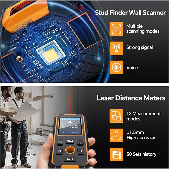 Stud Finder Wall Scanner - with Laser Distance Meter & Digital Level, 5 in 1 Rechargeable Multifunctional Stud Detector with Upgraded Sensor, HD LCD Display and Voice