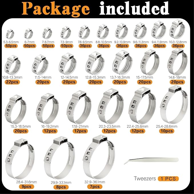 660 26 Sizes Pcs Single Ear Hose Clamps Kit,304 Stainless Steel 5.3-36.1mm Stepless Constant Tension Clamps for Fuel Line, Coolant Hose, PEX Plumbing, Irrigation & DIY