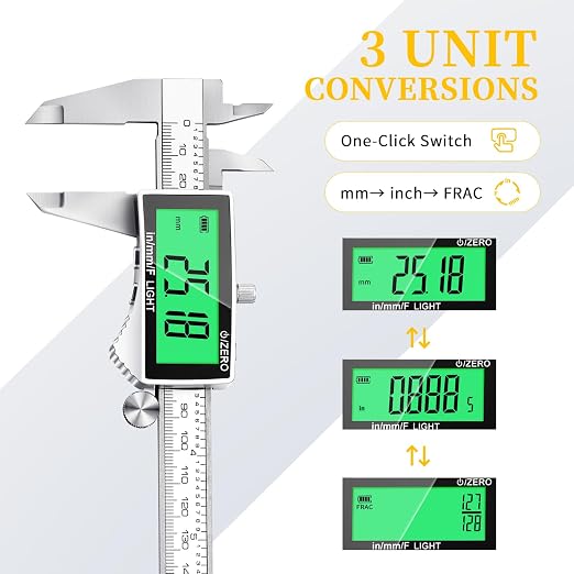 Rechargeable Digital Caliper 6 Inch, Large Backlit LCD Display, Stainless Steel Electronic Vernier Dial Calipers Measuring Tool, Inch/MM/Fraction, Auto-Off Micrometer for DIY, Household, 3D Printing