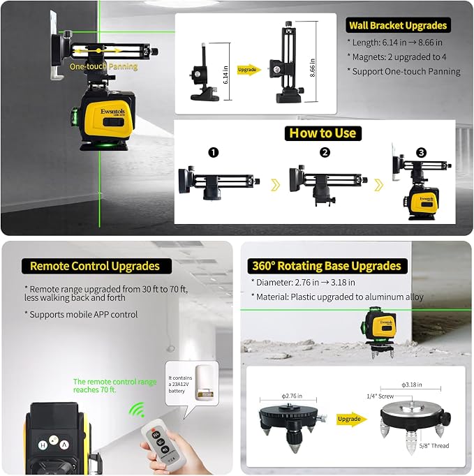 Self-Leveling Laser Level, 4x360° Green Beam Cross-Line Whole Room Coverage with Remote Control & Rotatable Window for Picture Hanging & Home Renovation