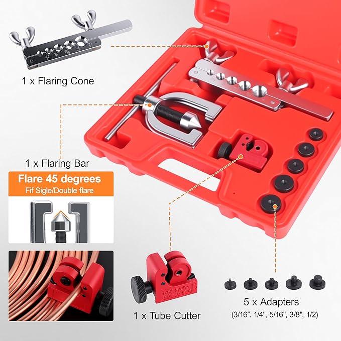 3/16" Brake Line Repair Kit, Double & Single Brake Line Flaring Tool Kit + 2 Set 25ft 3/16 Inch Brake Line with 100 Pcs Fittings(8 Unions Included) + Brake Line Bender