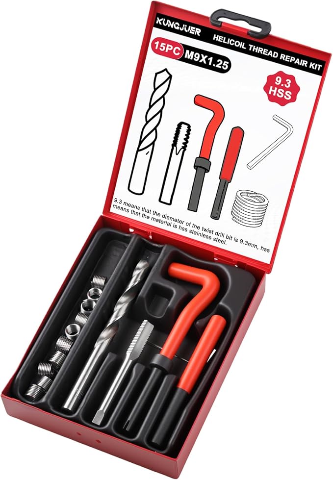 Helicoil Metric Thread Repair Insert Kit, M9X1.25mm Rethreading | Thread Repair kit with HSS Drill Bits, Rethreading Inserts Tool Set for Damaged Thread Repairing with Carry Case