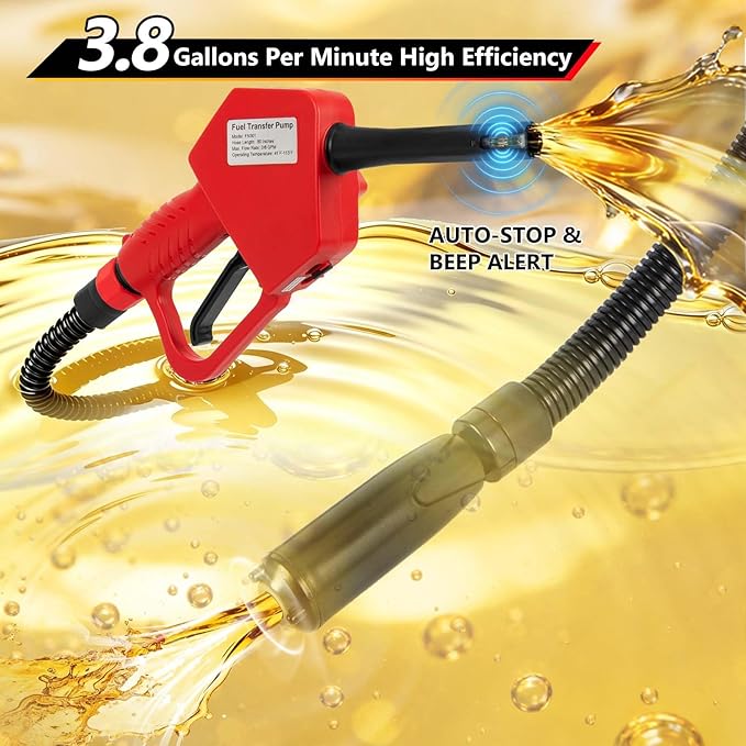 Portable Fuel Transfer Pump with Auto-Stop & Hand Nozzle, 80'' Pumping lift,fit different gas barrel sizes and depths, no adapters needed,3.8GMP, mulitiple power supply,for Gasoline, Diesel, Kerosene