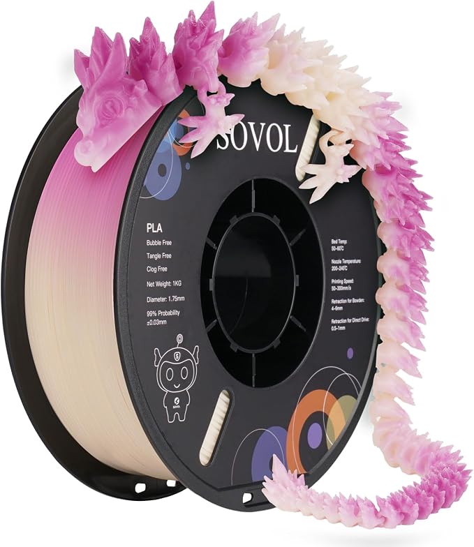 Sovol 3D Printer Photosensitive Filament Single Color Light Change PLA 1kg (2.2 lbs) Spool 3D Printing Materials, Dimensional Accuracy +/- 0.03 mm, 1.75 mm, Light Change Purple