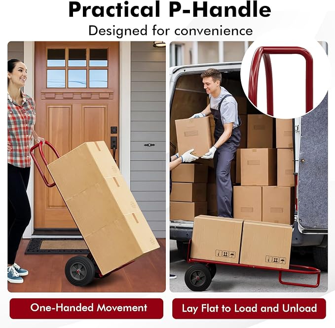 Goplus Hand Truck, P-Handle Hand Truck Dolly with Vertical Loop Handle, 10” Wheels, 15” x 9” Foldable Nose Plate, 660 LBS Capacity, Heavy Duty Metal Dolly Cart for Lifting, Moving, Delivery, Stairs