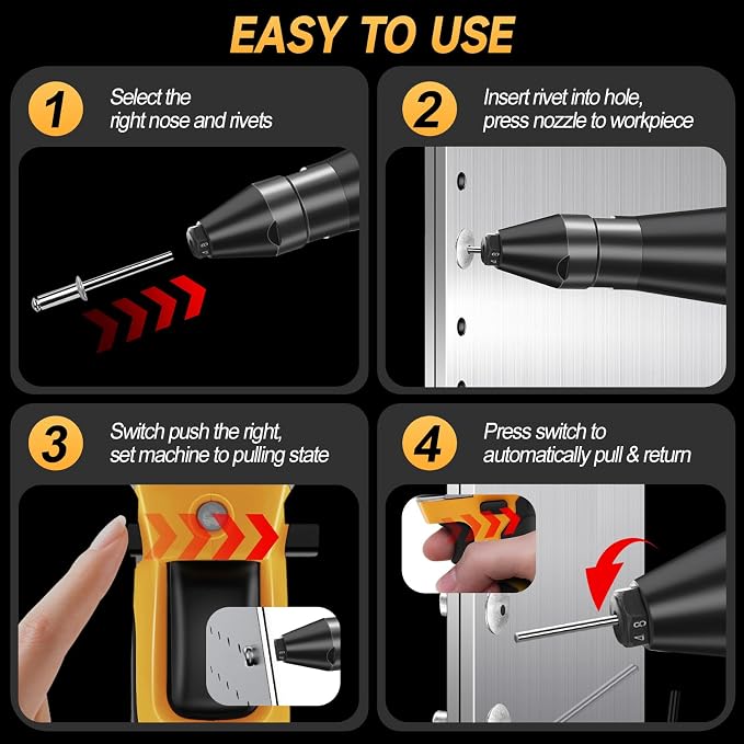 Cordless Rivet Gun Compatible with Dewalt 20V Max Battery with 100pcs Rivets (Battery Not Included), Brushless Electric Pop Rivet Gun Tool with 3 Size (1/8", 5/32", 3/16") Rivets Head