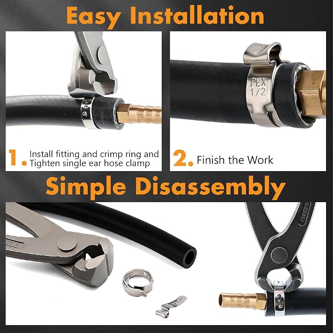 360PCS Single Ear Hose Clamp Kit,16 Sizes 5.3-36.1mm 304 Stainless Steel with Crimping Pliers,Oetiker Style Crimp Clamp for Automotive,Plumbing,HVAC,Marine