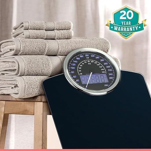 Hybrid Bathroom Scale - Analog & Digital Display, Accurate to 400 lbs | See weight on both an analog dial and digital LCD at once. Wide glass platform, accurate to 0.2 lbs, batteries included.