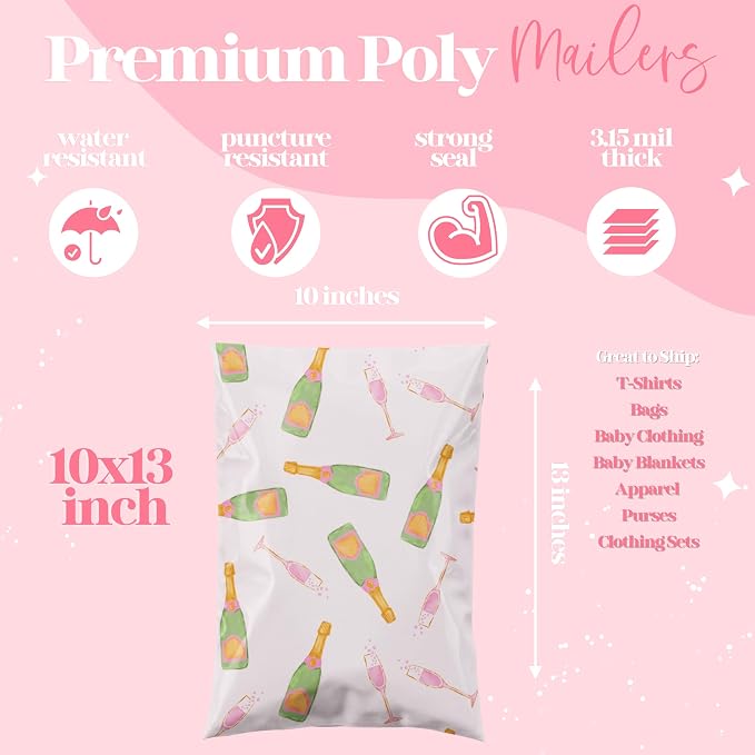 Pretty Package Store 10x13 Designer Poly Mailer 100 Pack Heavy Duty Waterproof Self Seal Shipping Bags for Small Business Large Mailing Envelopes Bulk Tear Resistant Packaging Pink Champagne