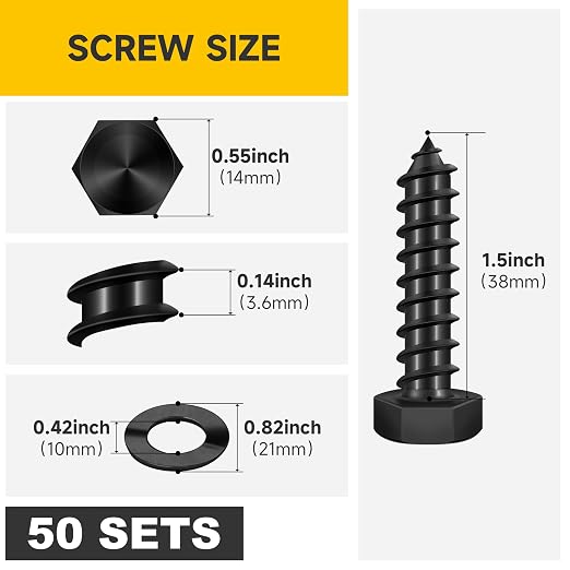 Mywish (50Sets) 3/8" x 1-1/2" Lag Bolts, 304 Stainless Steel 3/8 inch Lag Screws Bolts for Wood, Heavy Duty Hex Head with Flat Washers Bolt Kit, Black Oxided