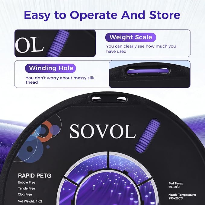 Sovol 3D Printer Rapid PETG Filament 1.75mm 1KG (2.2lbs), High Precision, Strong Toughness, Wiring Tightness, Dimensional Accuracy +/- 0.03 mm, 3D Printing High Speed PETG Filaments, Lavender Purple