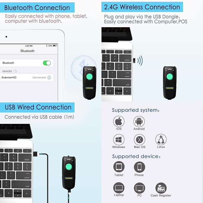 NADAMOO 2D Wireless Barcode Scanner Compatible with Bluetooth, Portable USB 1D 2D QR Code Scanner, Bar Code Image Reader for Tablet iPhone iPad Android iOS PC POS, with Charging Dock - Blue