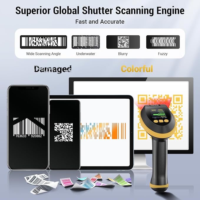 Tera Barcode Scanner Wireless 2D with Stand: Pro Version Digital Setting Screen Keypad Works with Bluetooth 2.4G Wireless USB Wired Extra Fast Scanning Speed Handheld Bar Code Reader HW0009-Z Yellow