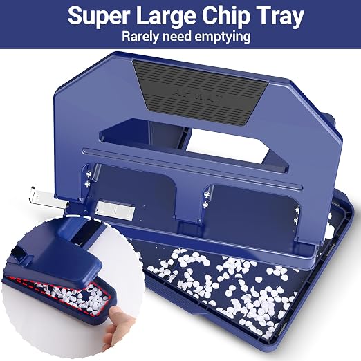 AFMAT 3 Hole Punch Heavy Duty, 40-Sheet Three Hole Puncher for Binder, 50% Reduced Effort Paper Punch, 10K+ Uses, Office Metal Hole Puncher 3 Ring w/Large Tray, Bulit-in S.S. Paper Guide, HPX2(Blue)
