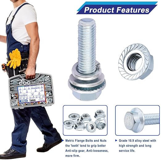 Taiss 400PCS Metric Flange Bolt Assortment kit,10.9 Grade M6x1.0/M8x1.25/M10x1.5 Bolt(12mm to 45mm) White zinc Plating Hex Metric Bolts and Nuts Washers,Nuts and Bolts Assortment kit (White)