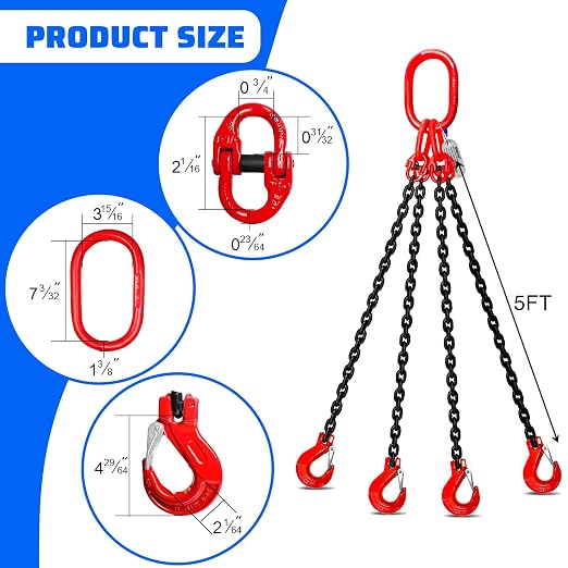 6 Ton Chain Sling 5/16 Inch x 5 Ft G80 Alloy Steel 4 Way Chain Slings Quadruple Leg Slings Lifting with 4 Safety Grab Hooks Lifting Slings Engine Chain Hoist Lifts