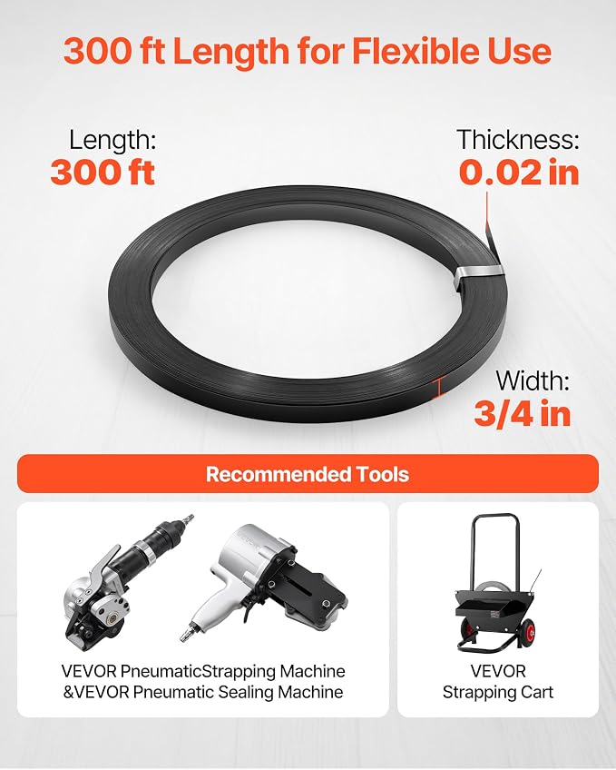 VEVOR Steel Strapping Coil, 3/4 in x 0.02 in x 300 ft, Metal Strapping Banding Roll Withstands Harsh Environment, 1710 lbs Break Strength, Heavy Duty Banding Pallet Strap Coil for Pallet Packing