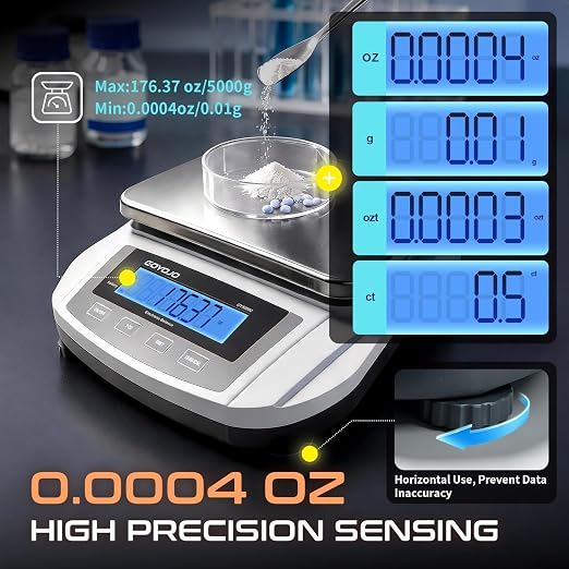 GOYOJO Digital Analytical Balance and Lab Scale, 5000g Capacity, 0.01g Precision, Stainless Steel, Multi-Unit (g/oz/ct/lb) for Jewelry, Kitchen, and Lab – Reliable, Accurate, Easy to Use, Black Panel