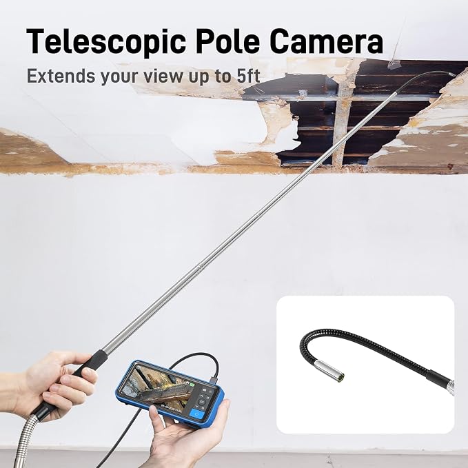 Teslong Telescopic Endoscope Inspection Camera with Screen & Light, 4.5" IPS Display Borescope with 5FT Telescoping Pole, IP67 Waterproof Inspection Camera for Ceiling, Wall, Chimney, Automotive &HVAC