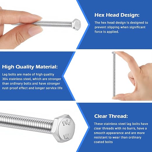 Zonon 50 Pcs 1/2-13 x 5 Hex Head Screw Bolt 18-8 (304) Stainless Steel Hexagon Bolts, Fully Threaded, Plain Finish, External Hex Drive (Silver)