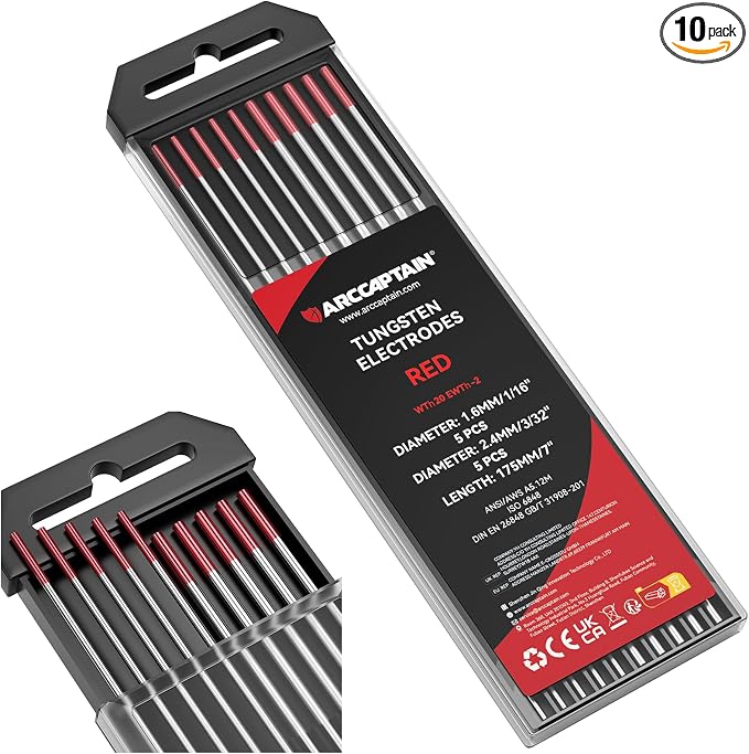 ARCCAPTAIN TIG Tungsten, TIG Welding Tungsten Electrode Red - 5pc 1/16" x 7" & 5pc 3/32" x 7" (WT20/EWth-2)