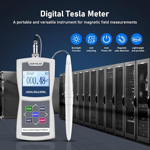 GOYOJO Digital Gauss Meter (2400mT/24000Gs), High Accuracy Magnetic Field Tester for DC Magnet Measurement, Permanent Magnets, Motors, Speakers, and Industrial Applications, ±5% Accuracy
