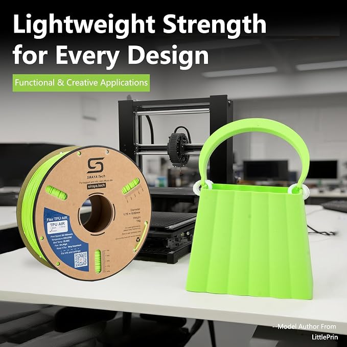 Siraya Tech Flex TPU Air - Lightweight Active Foaming Flexible 3D Filament, Adjustable Hardness 65A-82A, High-Speed Printing, Easy to Use, for Wearables, Sports Gear & Soft Prototypes (Green, 1kg)