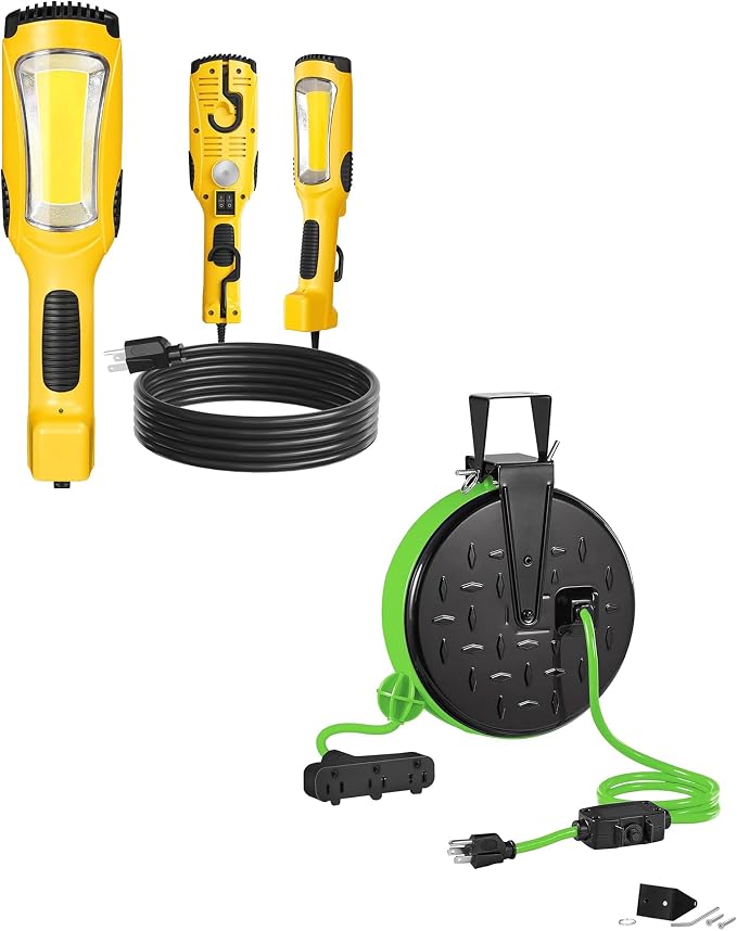 24W LED Work Light and 30 Ft Retractable Extension Cord Reel Bundle, for Garage, Workshop, Car Repair Scene Y05WL06-J30CR06