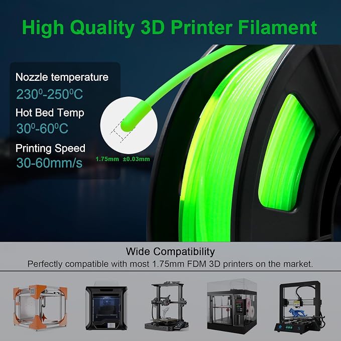 95A TPU 3D Printer Filament, 1.75mm Glow in The Dark Green, Soft TPU Flexible 3D Printing Filament, High Hardness & Resilience, Best with UV Lamps, 250g Spool, Fit Most 3D Printers