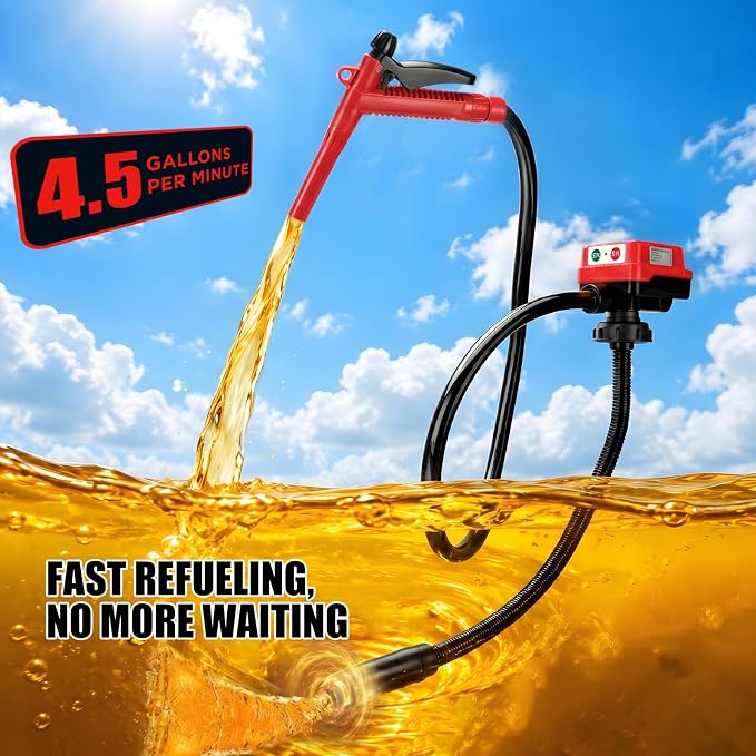 4.5GPM Cordless Fuel Transfer Pump with 51" PVC Hose, Compatible with DeWalt 20V (Include POWERSTACK) & Milwaukee 18V Batteries, 4 adapters & multi-adapter, Gas Pump for Lawn Mowers, Cars(Bare Tool)