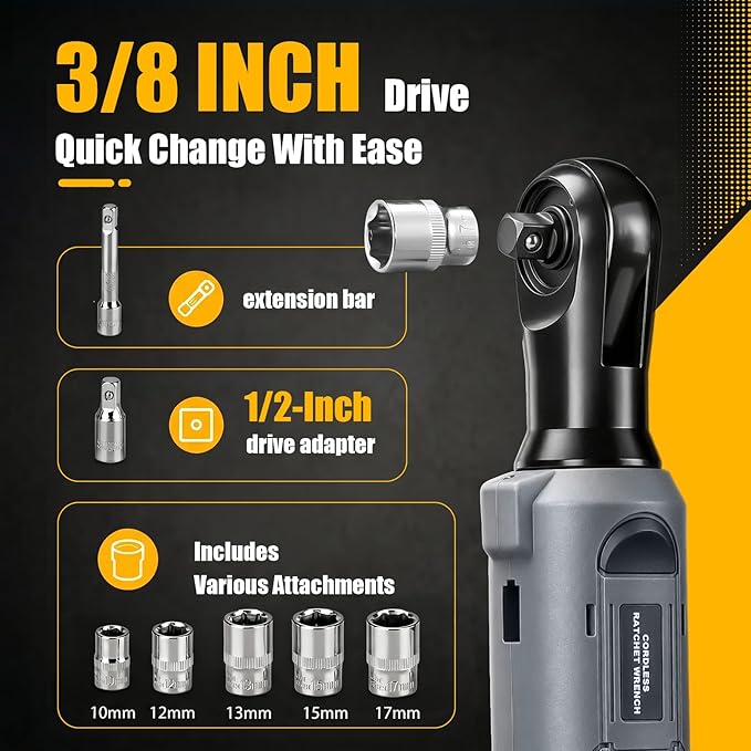 3/8" Cordless Ratchet Wrench Compatible With DEWALT 20V MAX Battery(Tool Only), 89Ft-Lbs(120N.m), Electric Ratchet Wrench Set with Variable Speed, LED Light, 5 Sockets, 3" Extension Bar, 1/2" Adapter